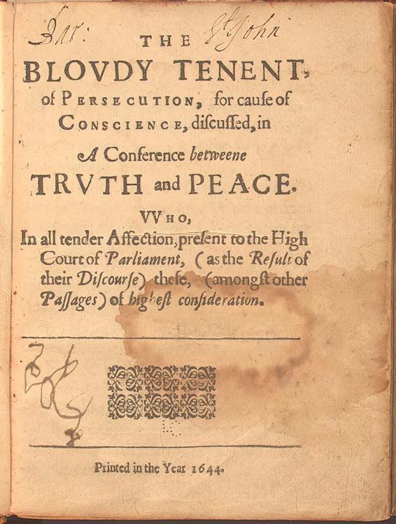 Title page, Roger Williams, The Bloudy Tenent of Persecution, for Cause of Conscience (London, 1644). Library of Congress