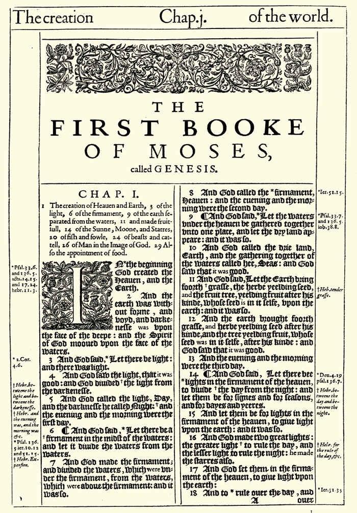 The first page of Genesis from the original 1611 printing of the King James Bible