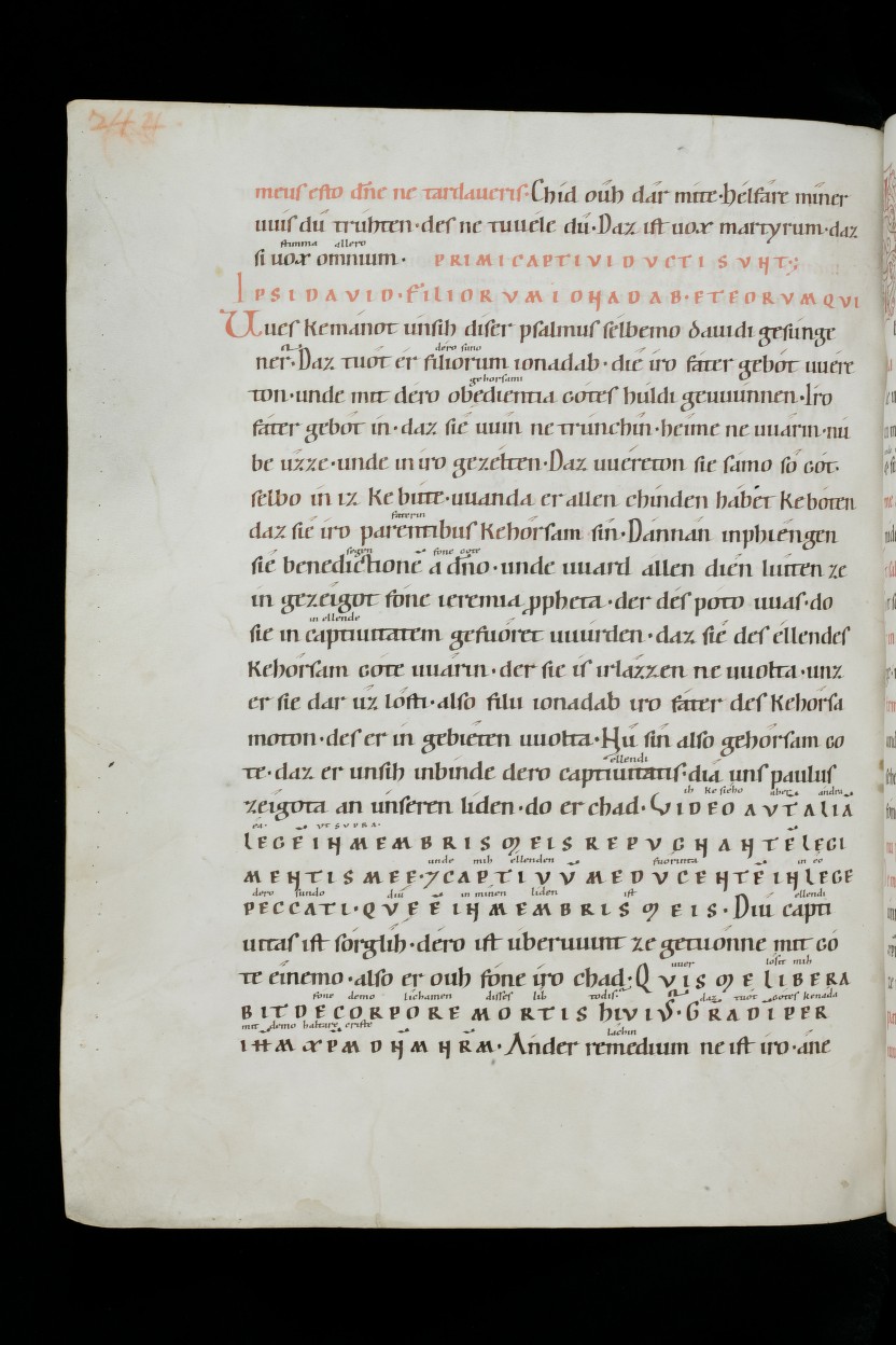Notker’s Psalter in Latin and Old High German, 12th-century copy. St. Gallen, Stiftsbibliothek, Cod. Sang. 21, p. 244 (Stiftsbibliothek St. Gallen), via Wikimedia Commons