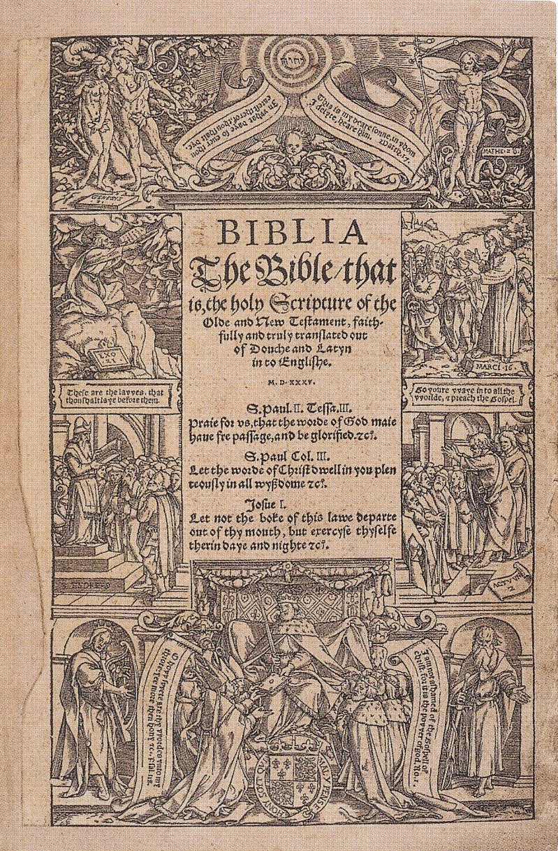 Title page of the Coverdale Bible, 1535; woodcut by Hans Holbein the Younger. British Library, via Wikimedia Commons