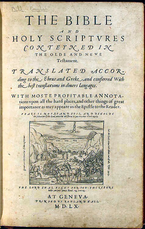 Title page of the 1560 Geneva Bible, showing the Israelites before the Red Sea. Library of Congress, via Wikimedia Commons