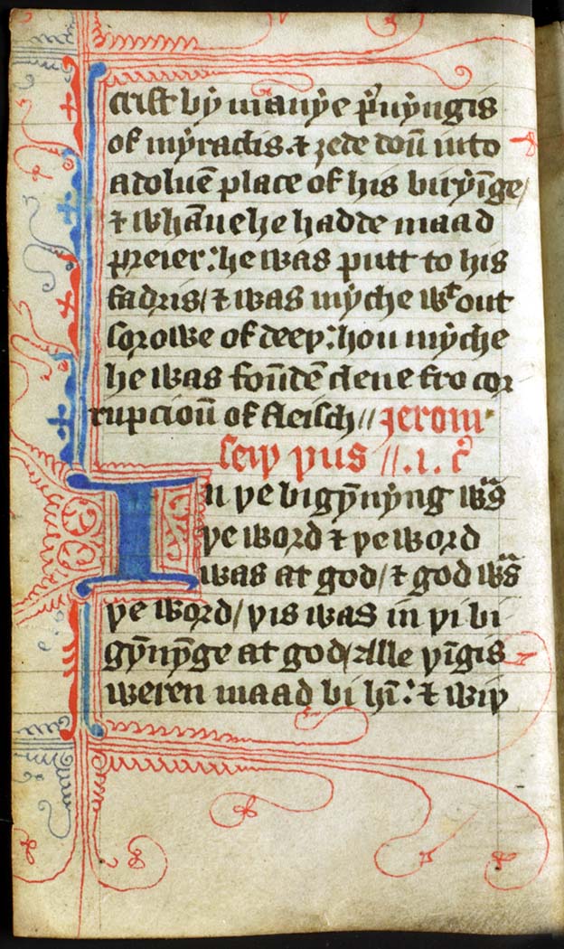 Opening of the Gospel of John in a pocket-sized late-14th-century copy of the Wycliffite translation (“In þe bigynnyng was þe word”), Glasgow University Library, MS Hunter 191, fol. 2v, via Wikimedia Commons