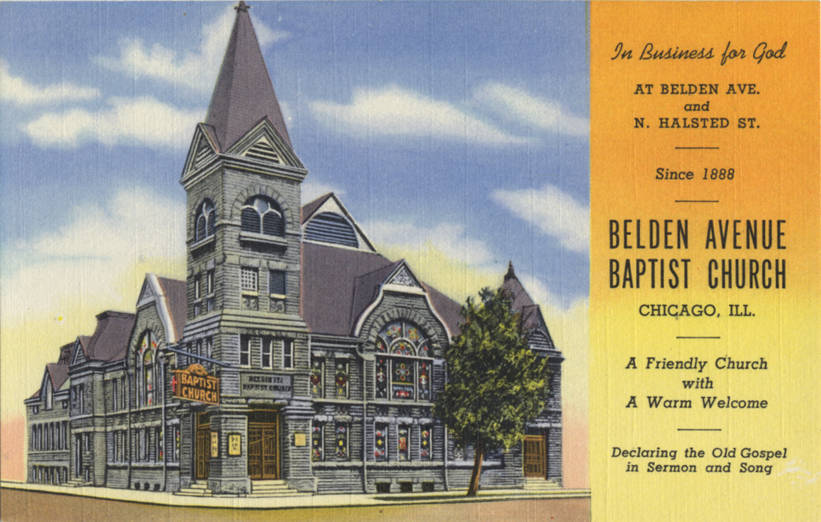 Belden Avenue Baptist Church, Chicago, where the Association was organised. Curt Teich postcard, 1946, Newberry Library (CARLI Digital Collections, NBY 417773), via Wikimedia Commons