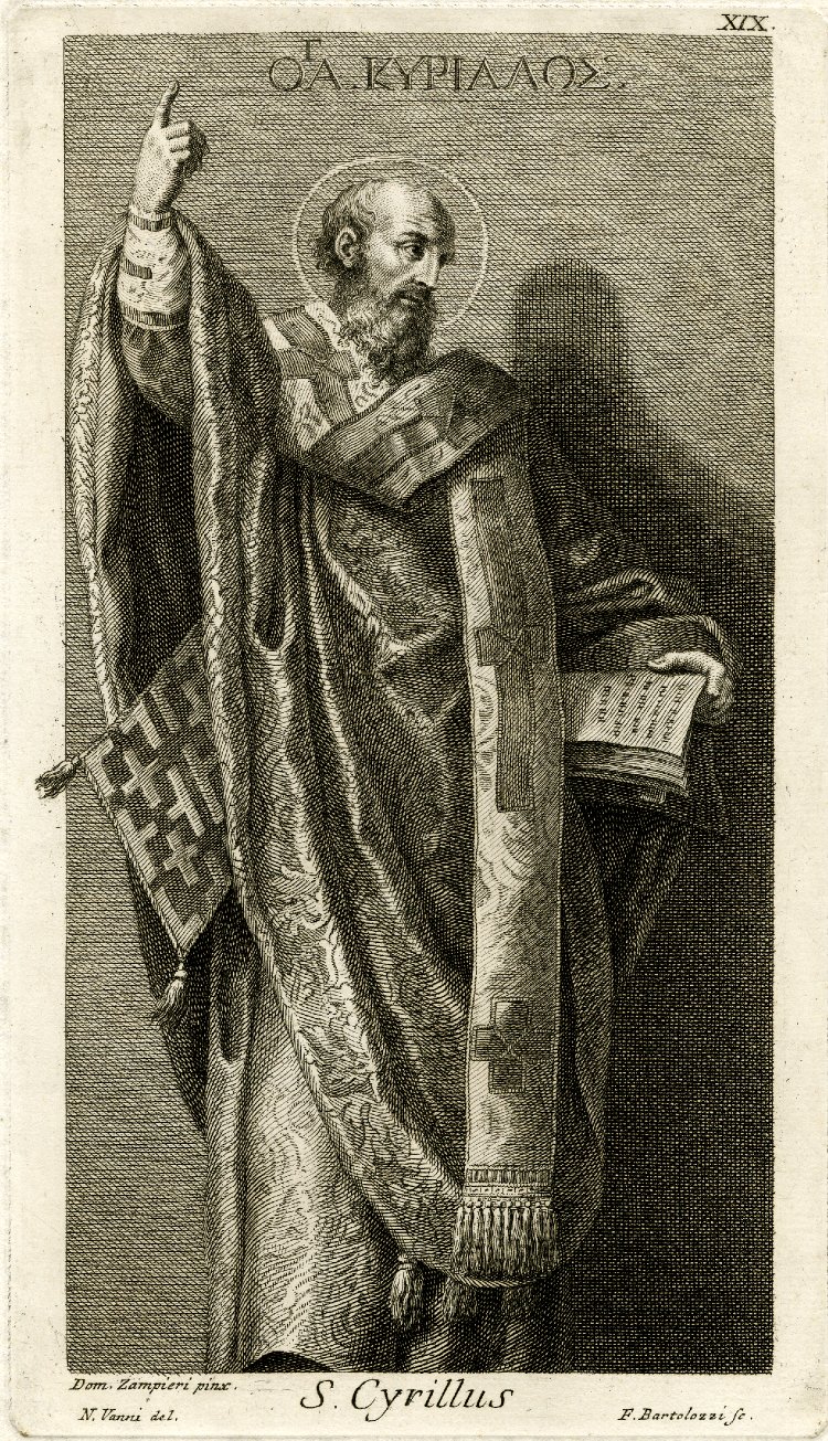 Cyril of Jerusalem, an imagined likeness: engraving by Francesco Bartolozzi after a painting by Domenichino, via Wikimedia Commons