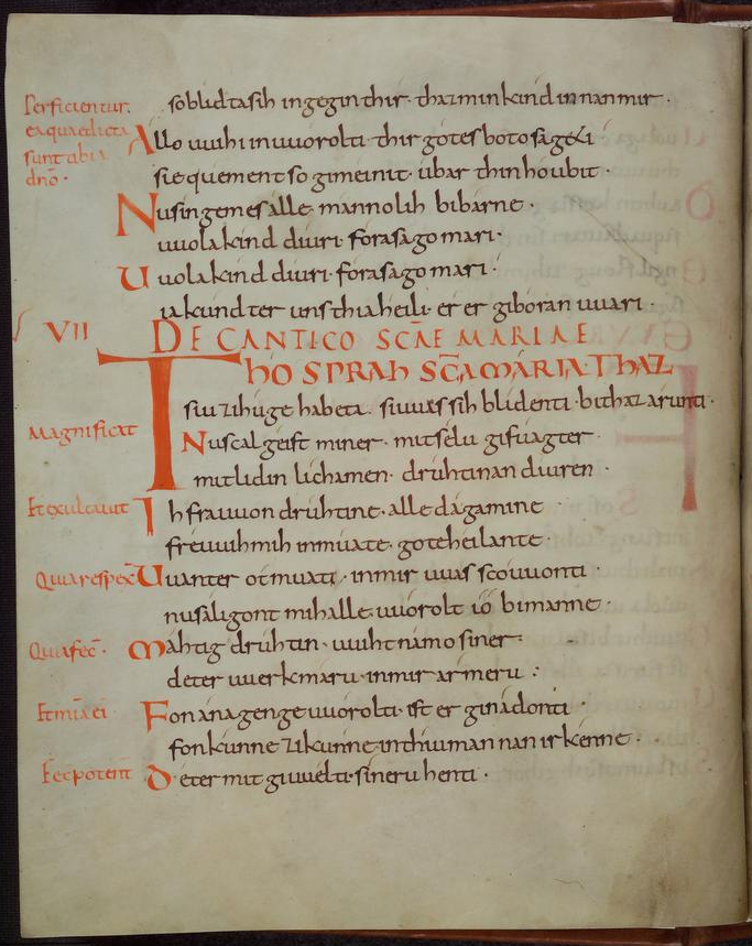 Otfrid’s Evangelienbuch, Manuscript P, fol. 19v: the song of Mary, c. 870. Universitätsbibliothek Heidelberg, Cod. Pal. lat. 52, via Wikimedia Commons