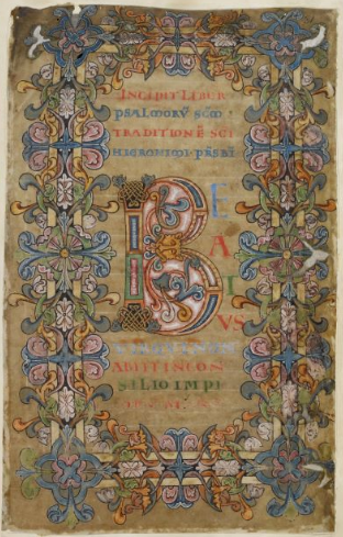 Tiberius Psalter, the opening of Psalm 1 (“Beatus vir”). British Library, Cotton MS Tiberius C VI, via Wikimedia Commons