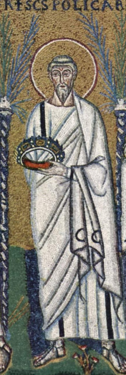 Polycarp in the procession of saints: mosaic, Sant’Apollinare Nuovo, Ravenna, completed by c. 526, via Wikimedia Commons